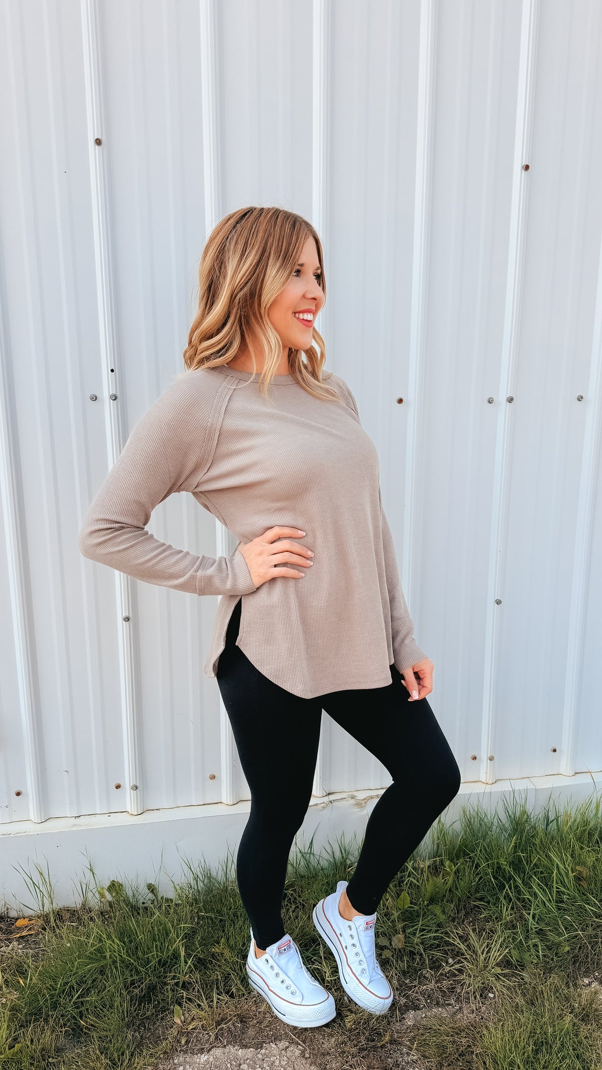 Leslie Waffle Long Sleeve | Taupe
