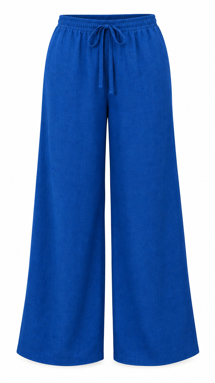 Wide legged linen pants with drawstring in a denim blue colour 