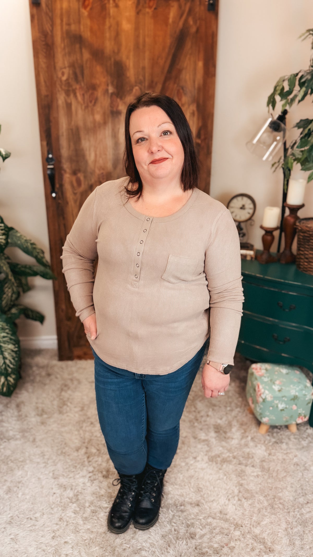 Colleen Ribbed Henley Long Sleeve | Taupe