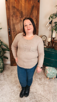 Colleen Ribbed Henley Long Sleeve | Taupe
