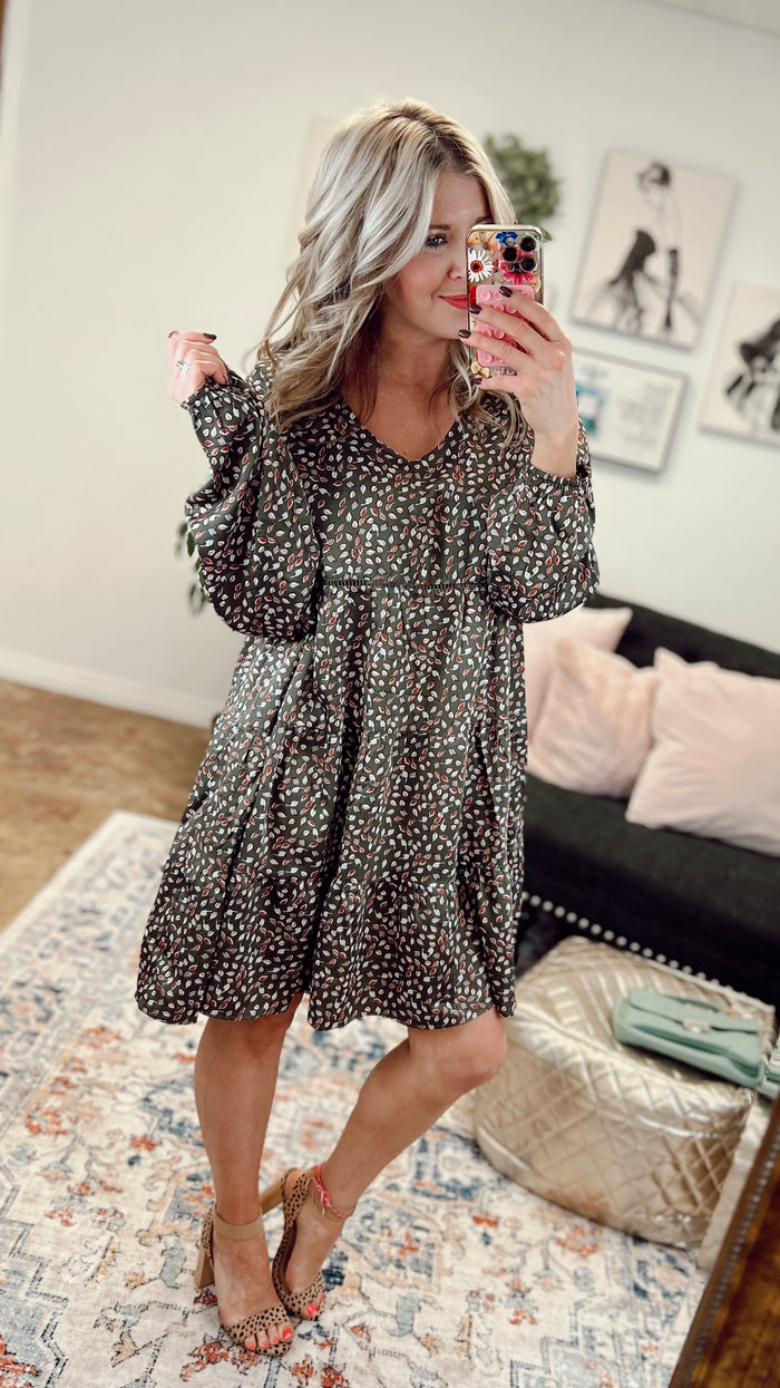 Connie Leaf Patterned Dress: Olive *SALE*