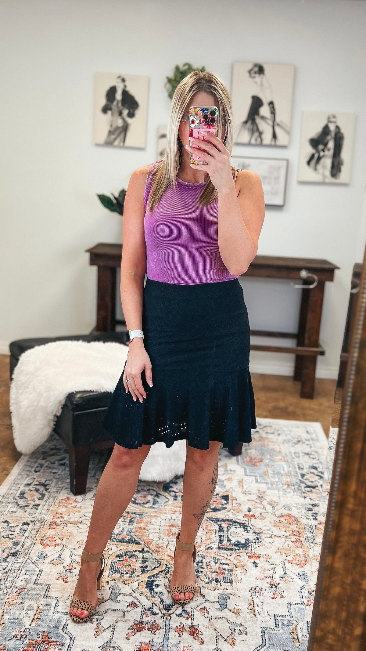 Felicia Eyelet Lace Skirt: Black