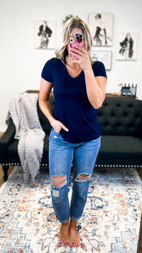 Laura Basic V-Neck Top: Navy