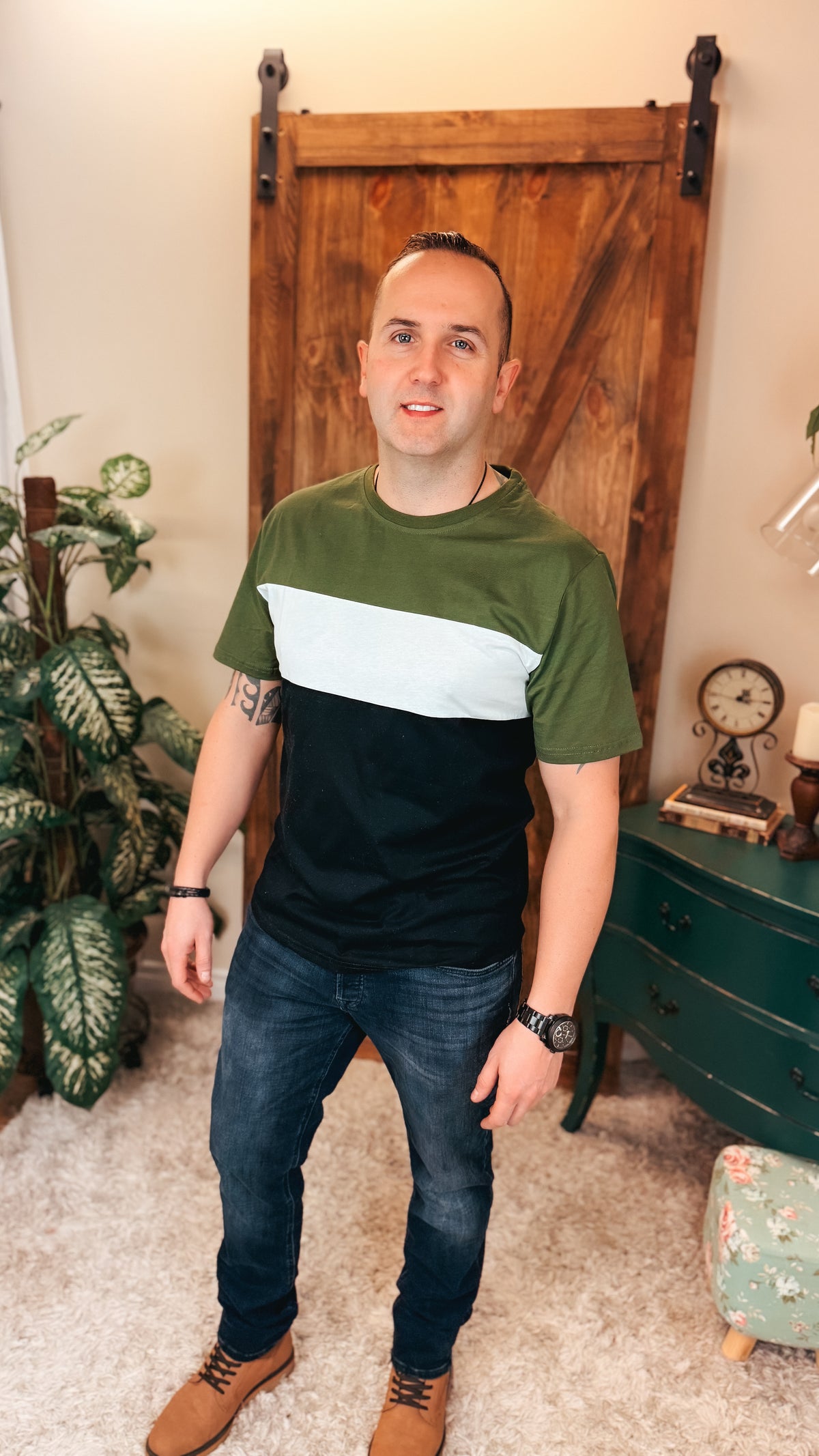 Peter Color Block Tee: Olive & Black