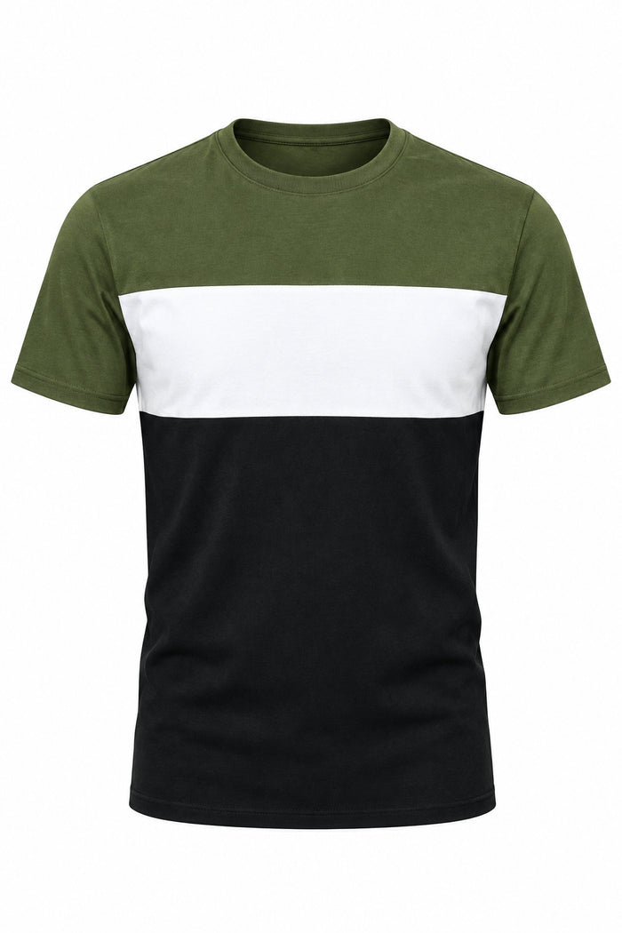 Short sleeved colour block men’s tshirt featuring green, black and white