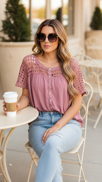 Lace Shoulder Top: Mauve  *AS IS SALE*