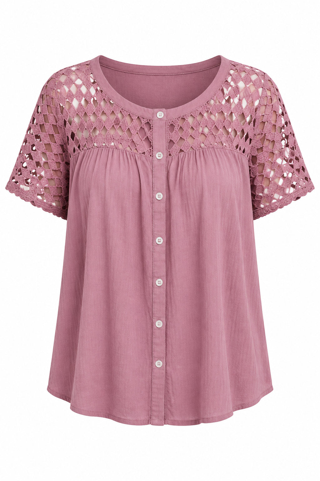 Mauve coloured blouse with lace shoulders