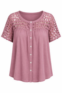 Mauve coloured blouse with lace shoulders