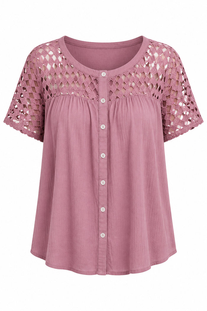 Mauve coloured blouse with lace shoulders