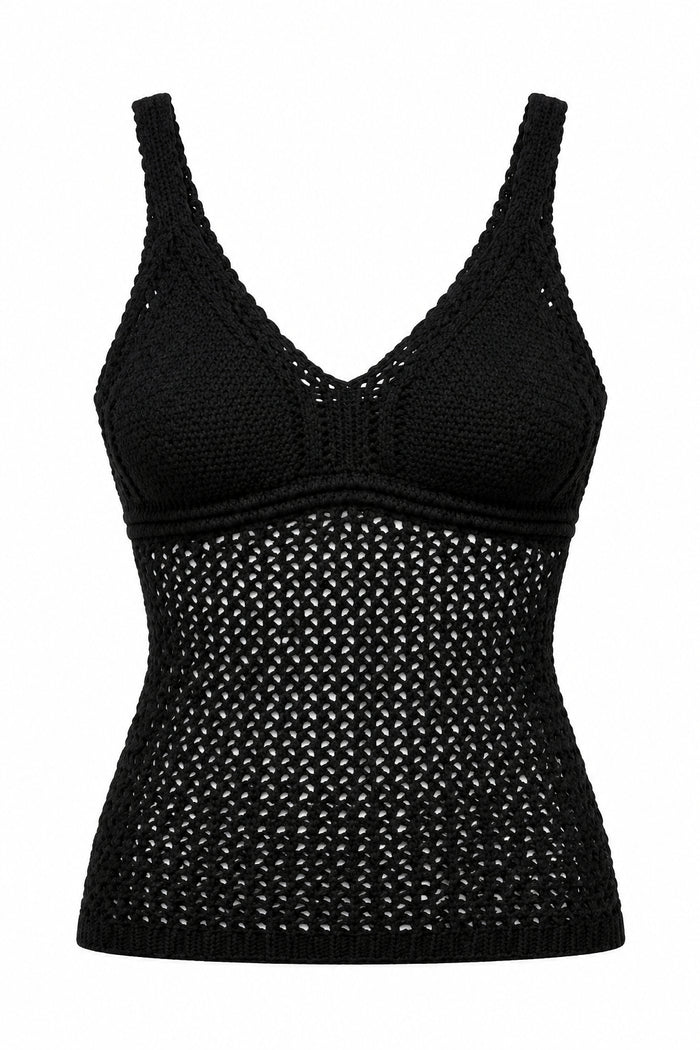 A black crochet knit tank top with a V-neckline and wide shoulder straps