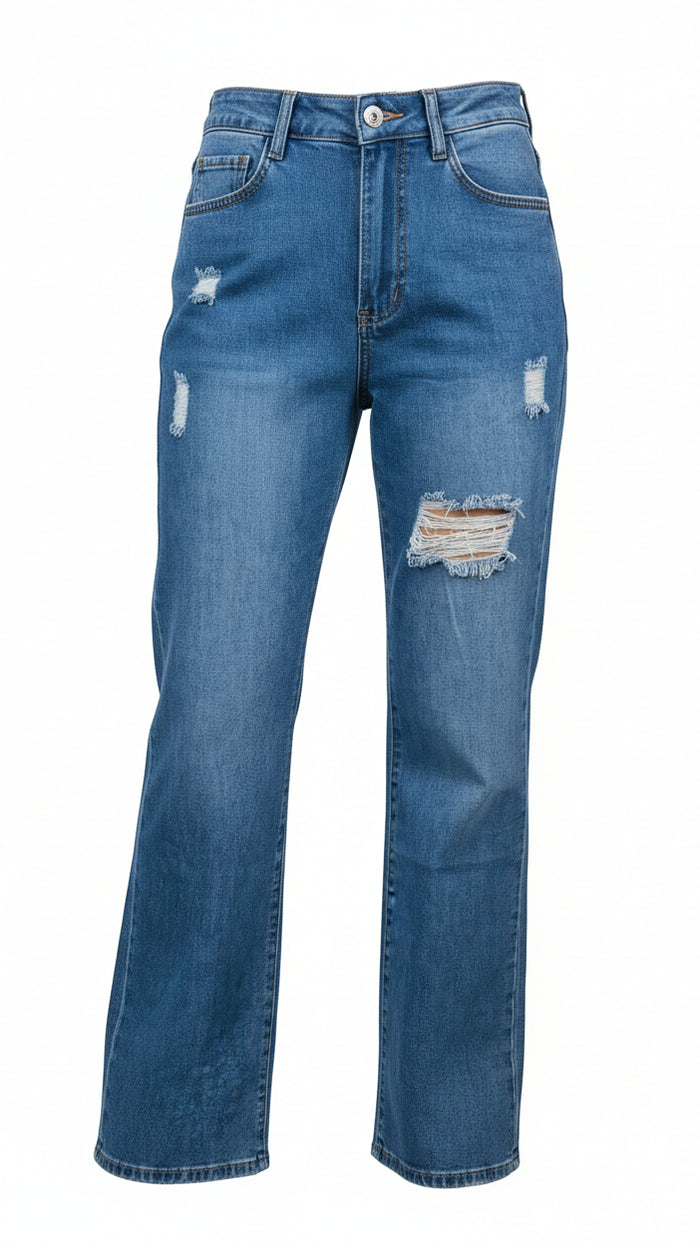 Dark wash wide leg denim with distressing