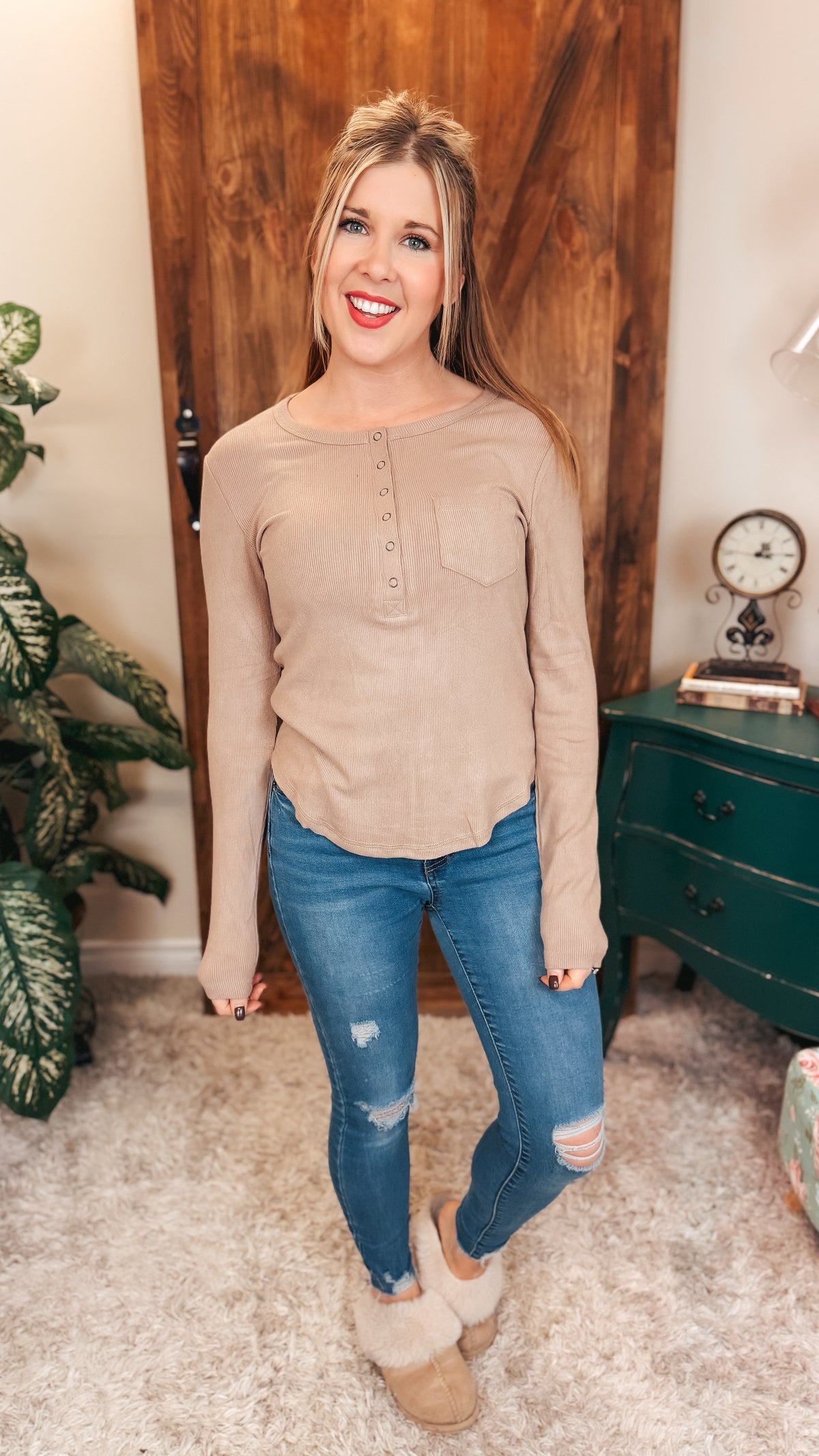 Colleen Ribbed Henley Long Sleeve | Taupe