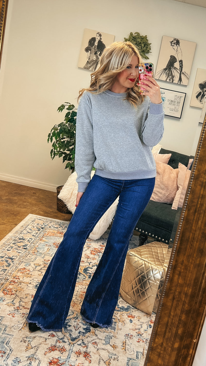 Jax Elastic Waist Bell Bottom Denim: Dark Wash