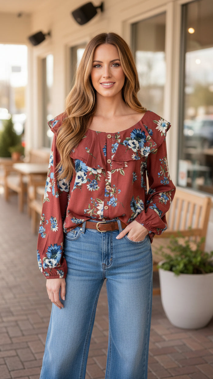 # 20 - Deep Rose Floral Long Sleeve | M | SAMPLE SALE