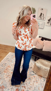 Addy Ribbed Floral Top | Orange & Cream