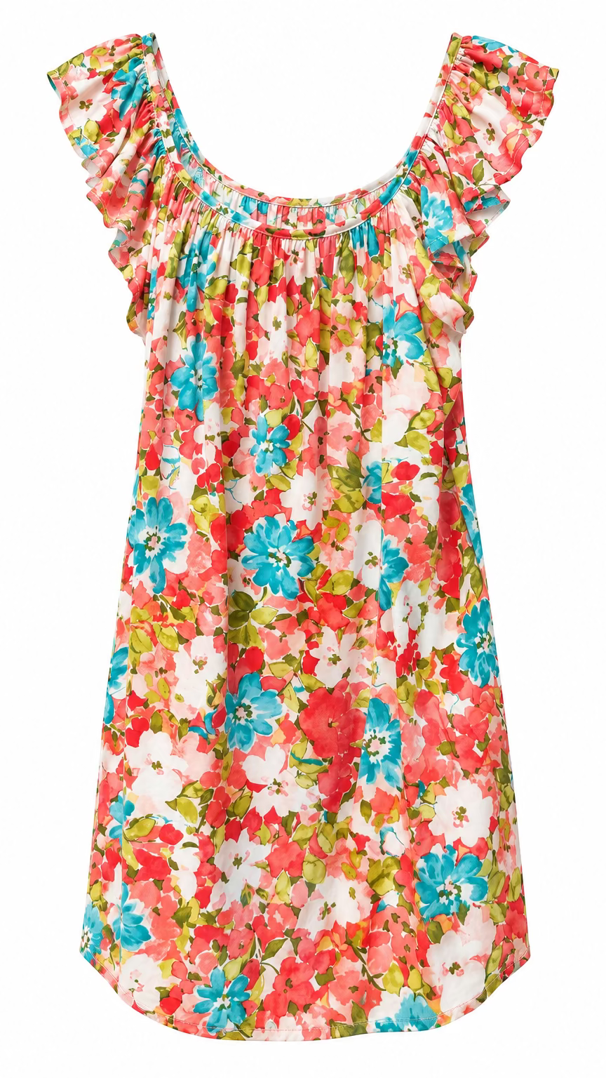 Colourful floral tank top with ruffle around the neck