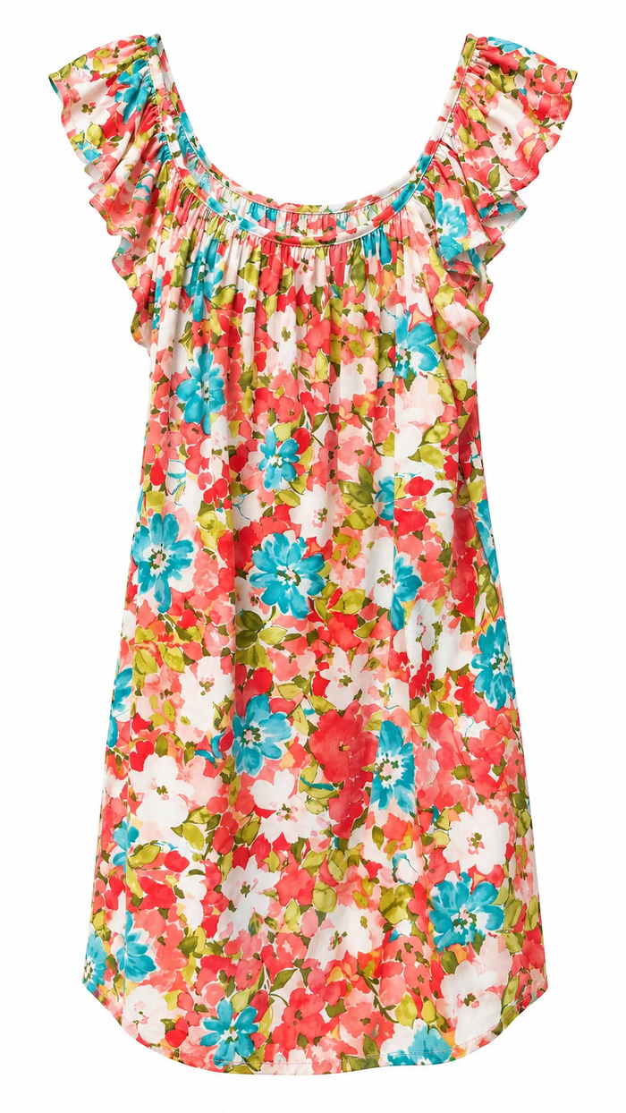 Colourful floral tank top with ruffle around the neck