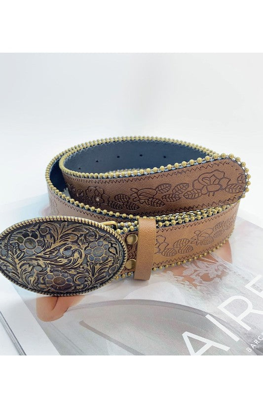 Boho Carved Belt & Buckle | Leaf Design