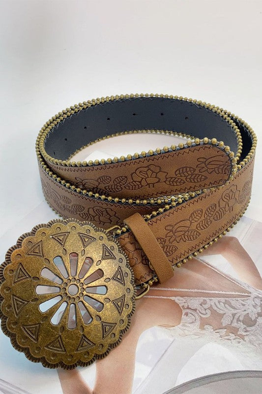 Boho Carved Belt & Buckle | Triangle Pattern