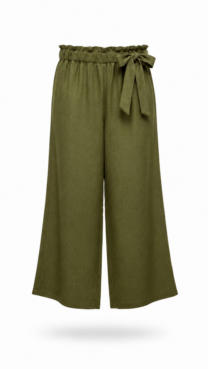 Olive green wide-leg pants with an elastic paperbag waistband and a matching side bow