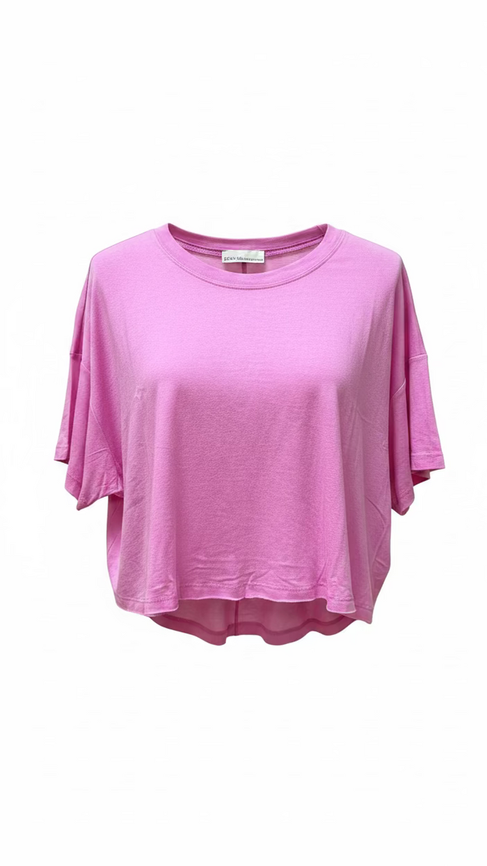 A pink cropped short-sleeve crewneck t-shirt
