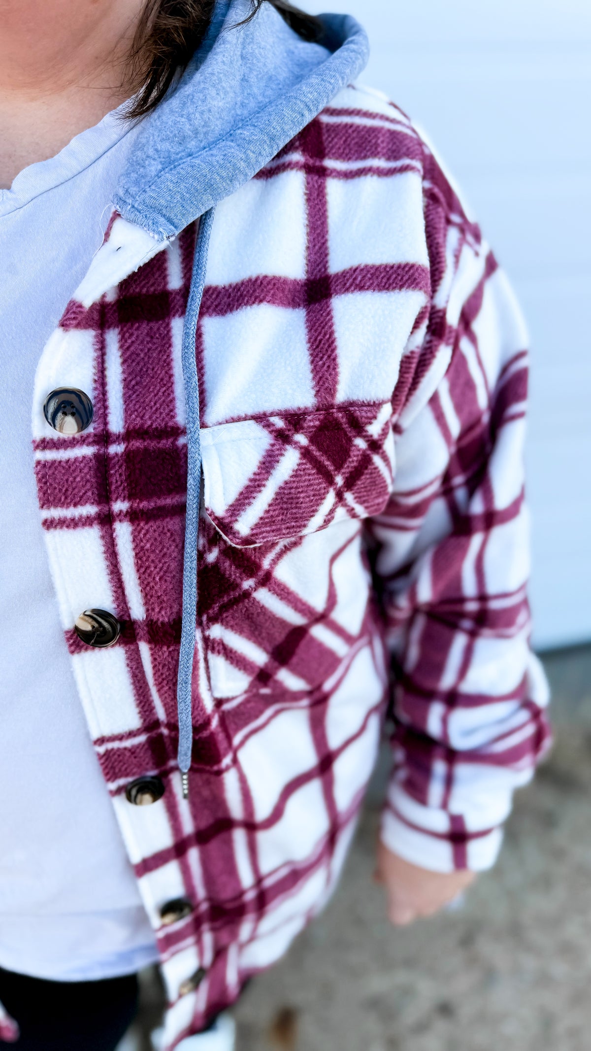 Haylee Plaid Fleece Shacket  | Wine & Ivory
