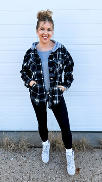 Haylee Plaid Fleece Shacket  | Black & Ivory