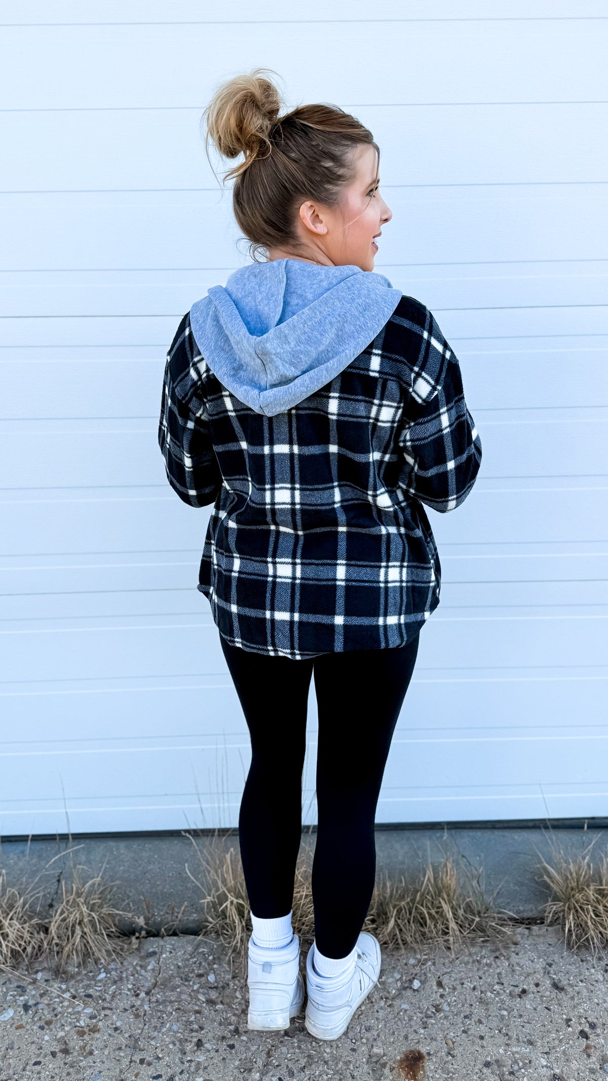 Haylee Plaid Fleece Shacket  | Black & Ivory