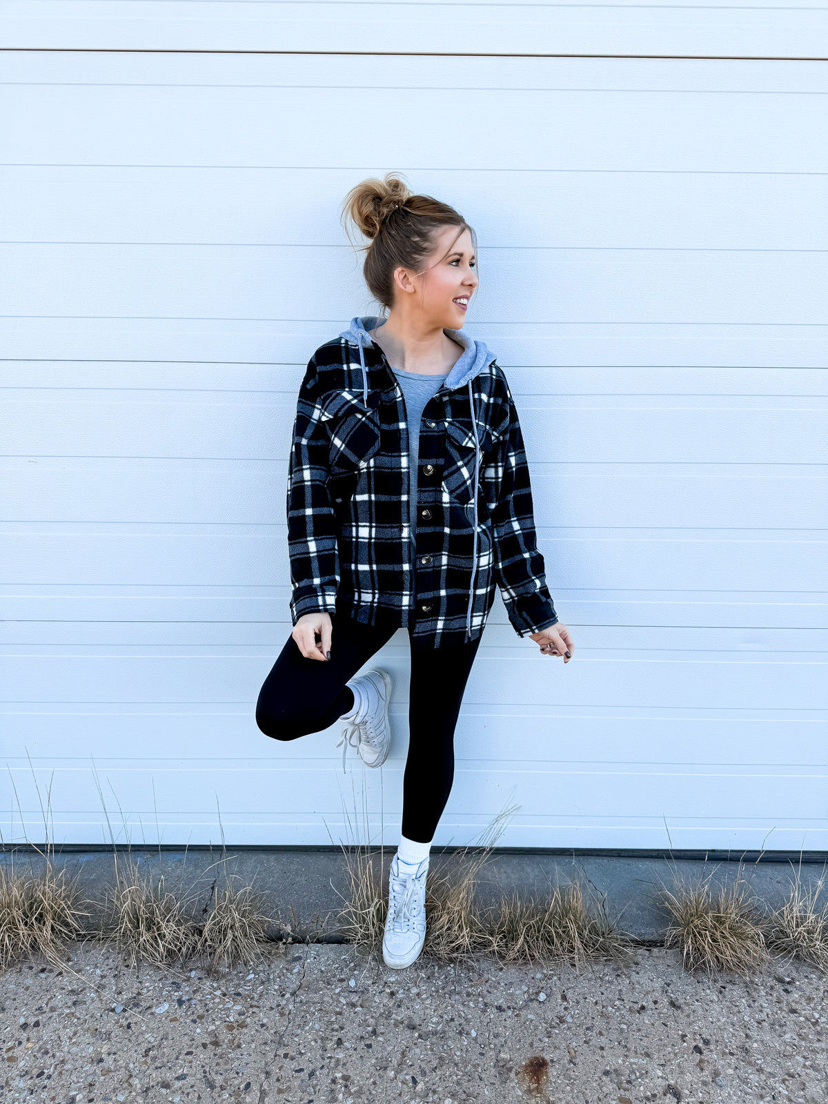 Haylee Plaid Fleece Shacket  | Black & Ivory
