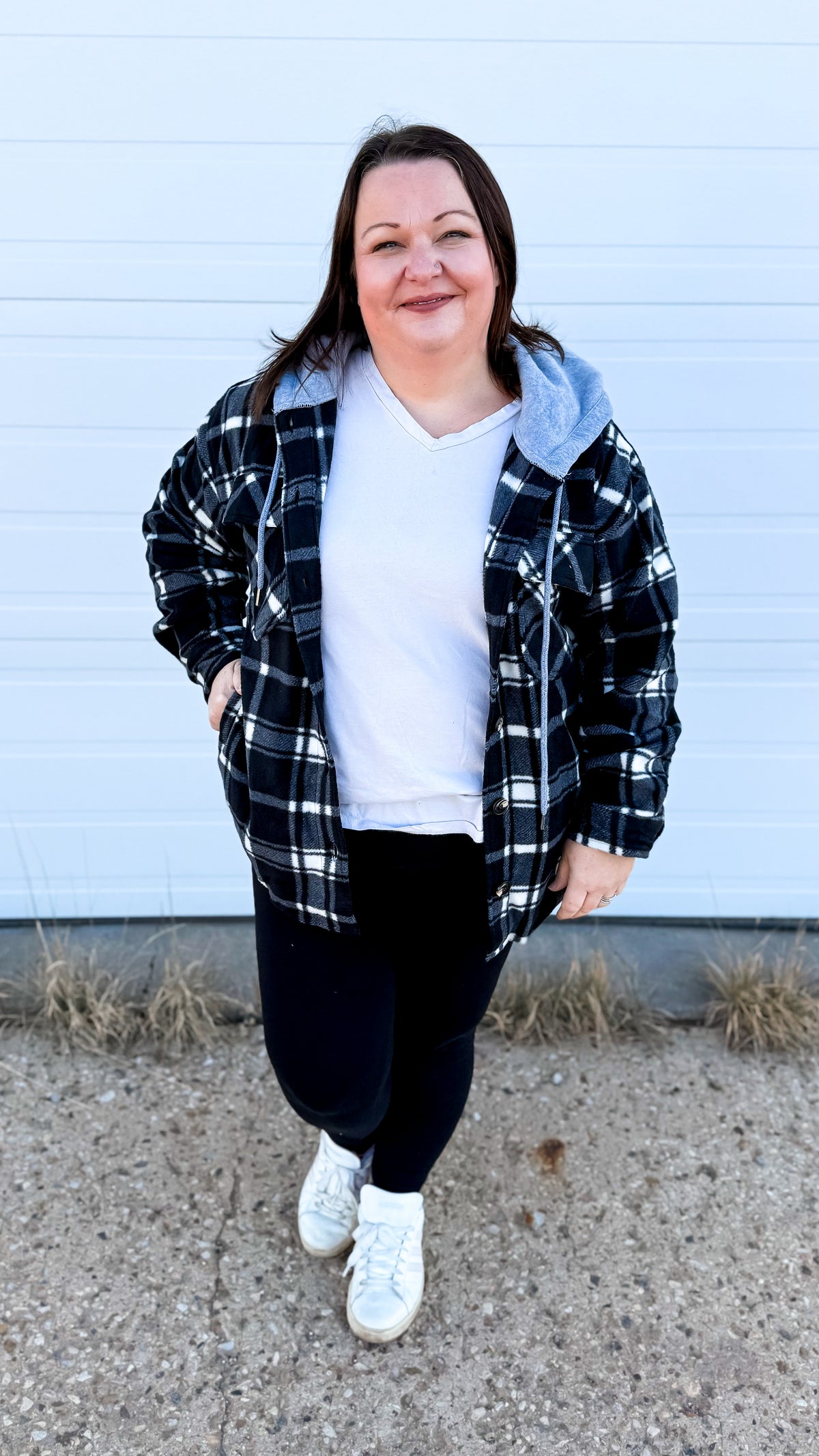 Haylee Plaid Fleece Shacket  | Black & Ivory
