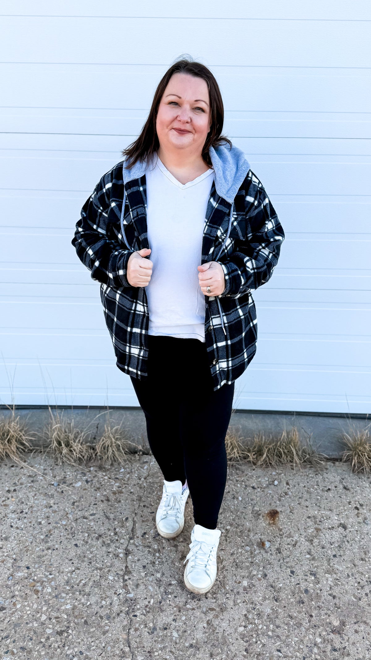 Haylee Plaid Fleece Shacket  | Black & Ivory