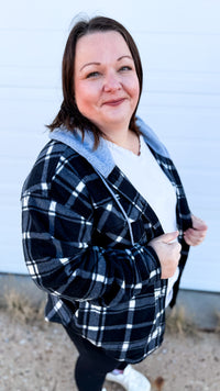 Haylee Plaid Fleece Shacket  | Black & Ivory