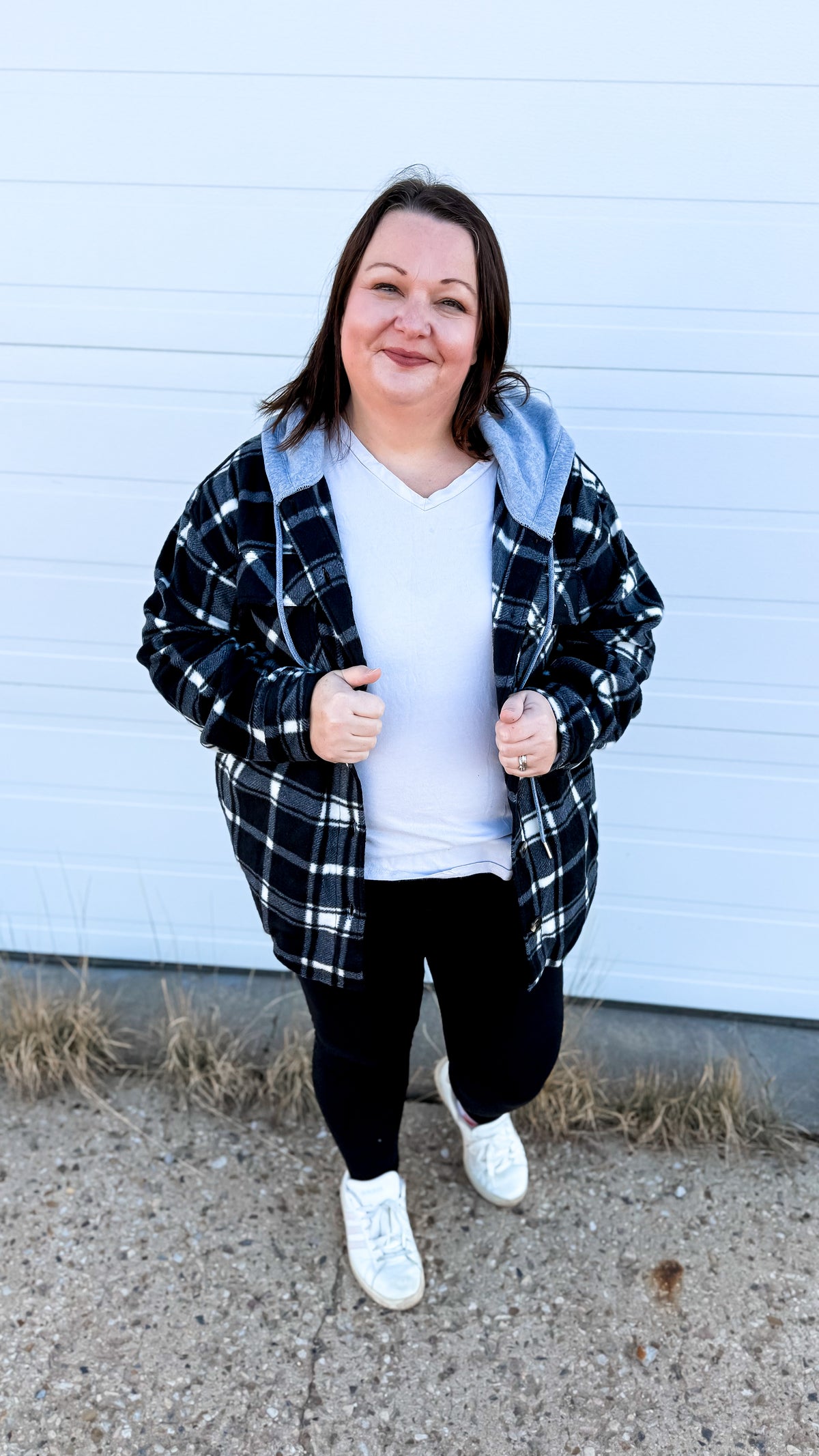 Haylee Plaid Fleece Shacket  | Black & Ivory