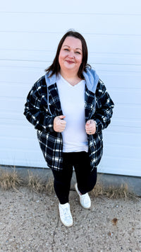 Haylee Plaid Fleece Shacket  | Black & Ivory