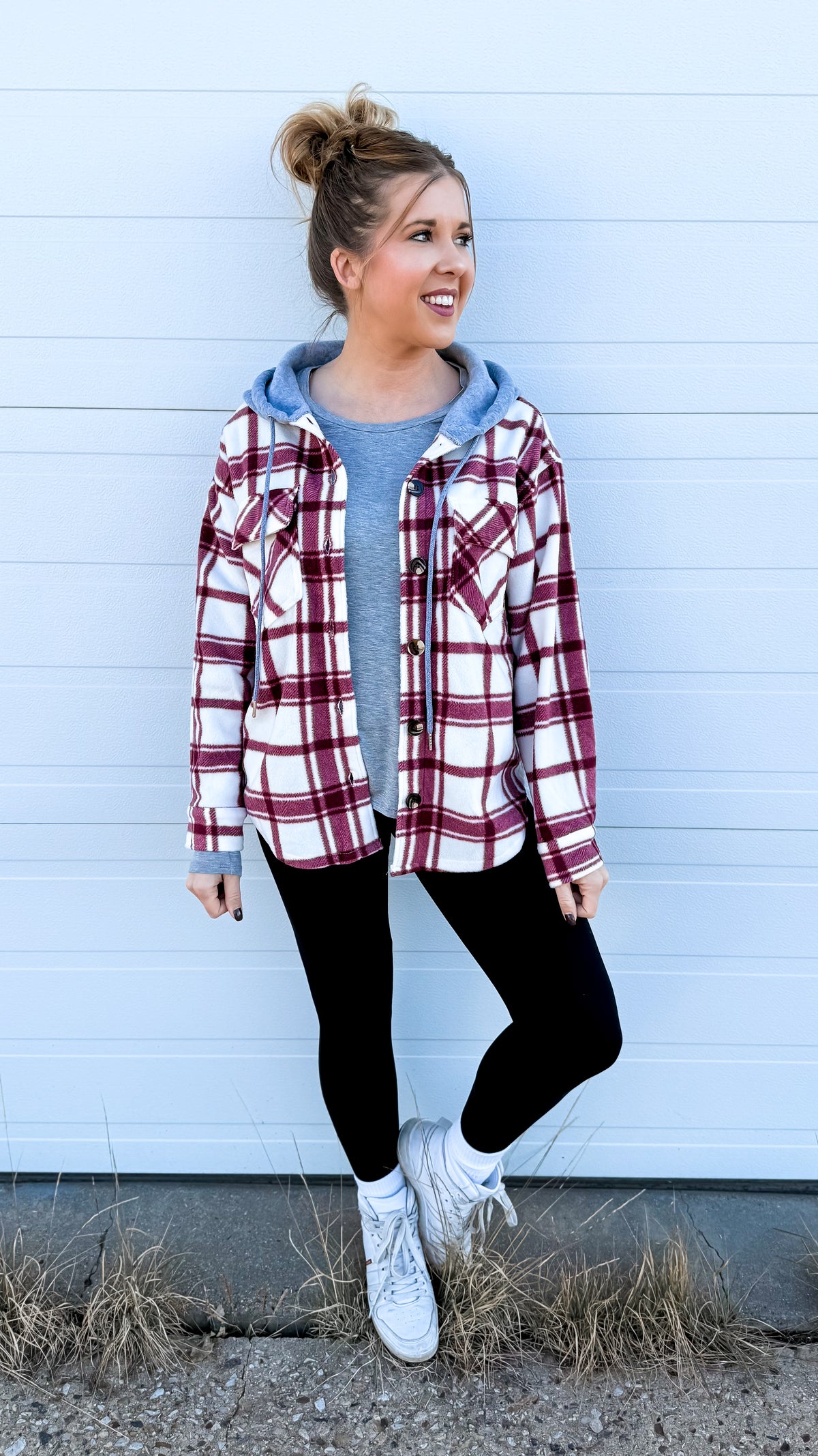 Haylee Plaid Fleece Shacket  | Wine & Ivory