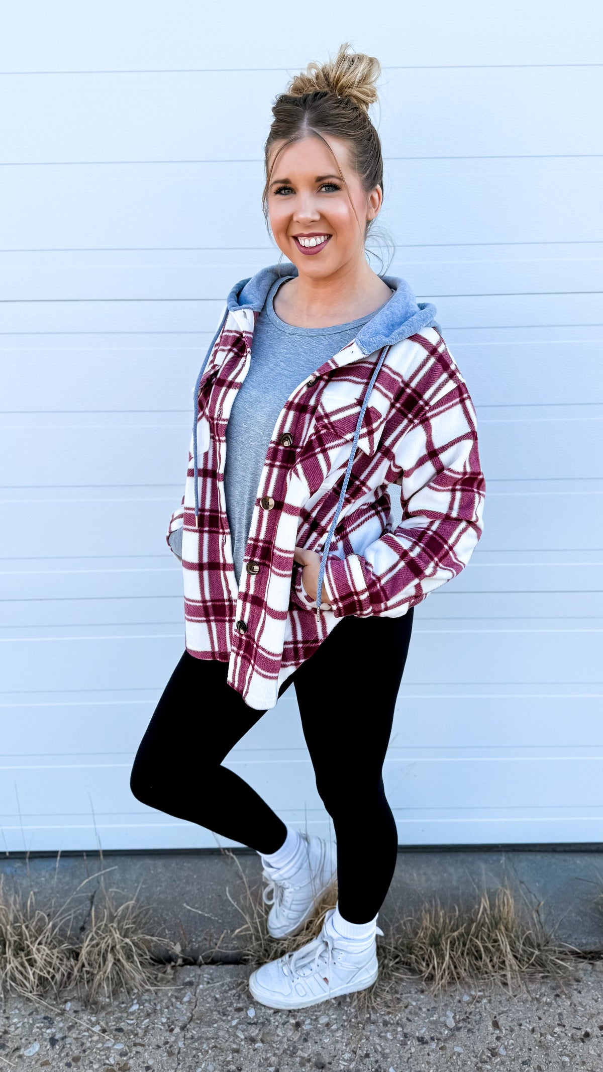 Haylee Plaid Fleece Shacket  | Wine & Ivory