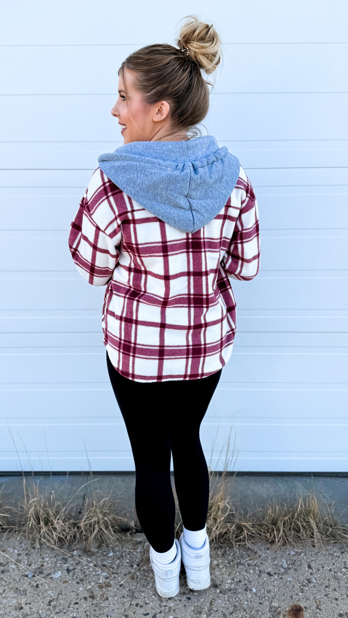 Haylee Plaid Fleece Shacket  | Wine & Ivory