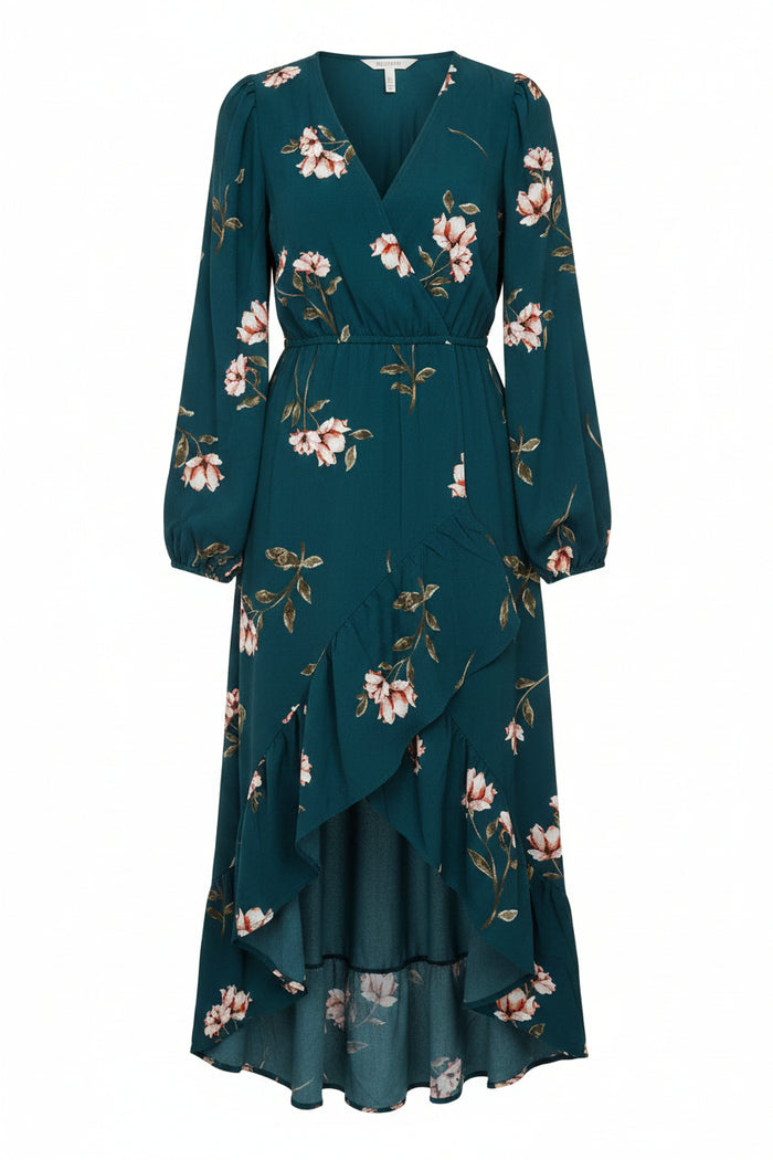 A dark teal floral long-sleeve dress with pink and white flowers