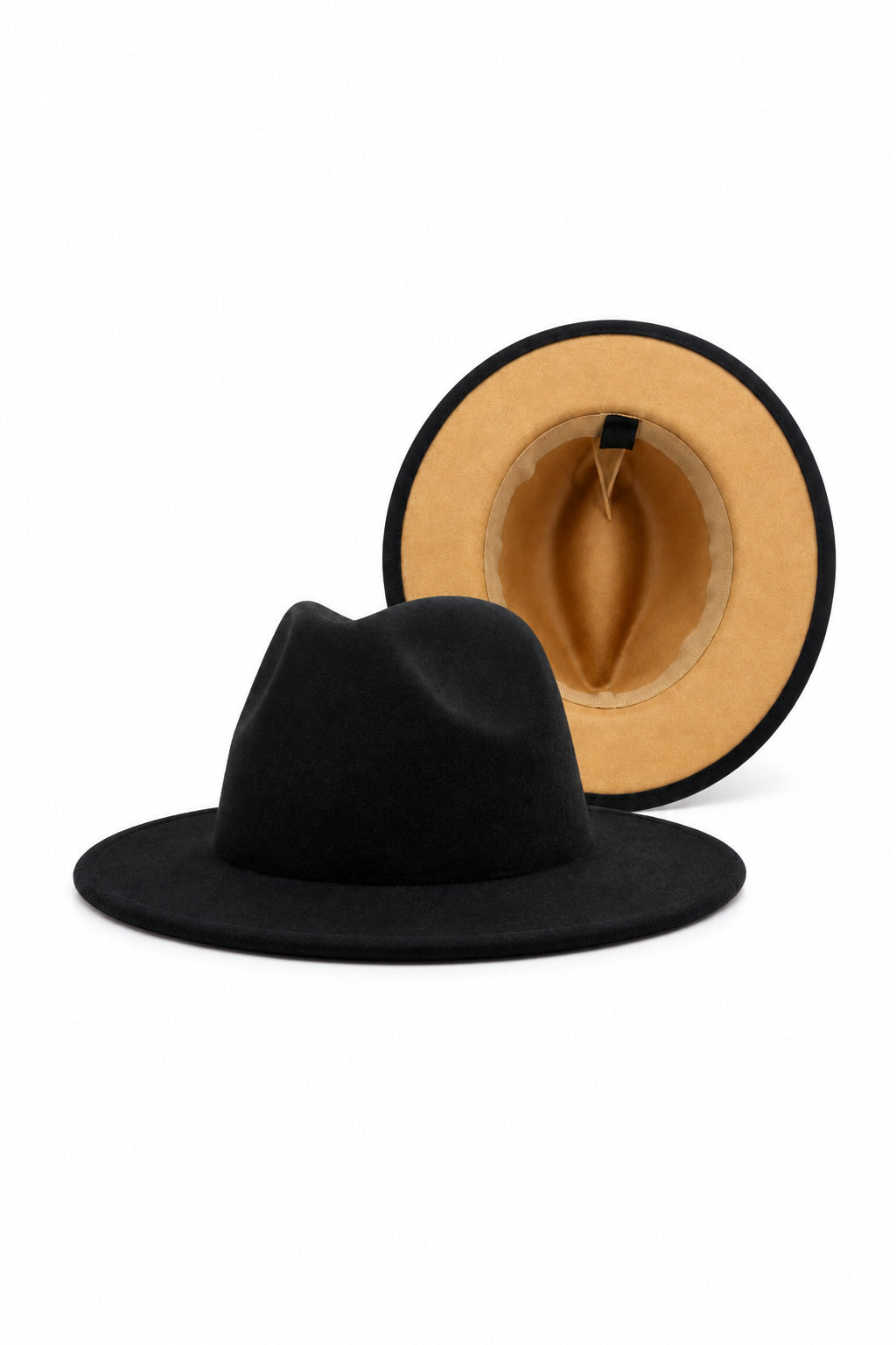 A black wide-brim fedora hat, with a the tan inner lining. 