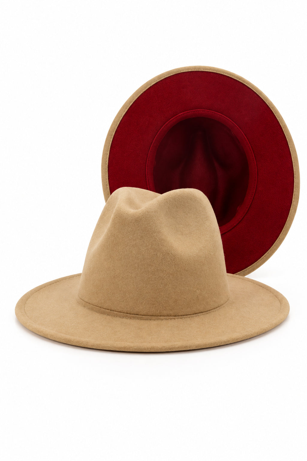 A light tan felt hat, a deep red interior