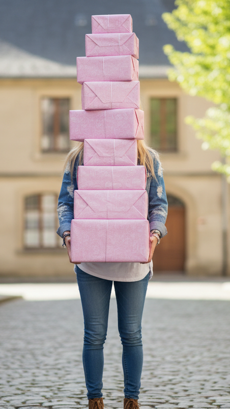 a blonde woman holding a pile of pink packages stacked so high it covers her face, shes outside in a denim jacket
