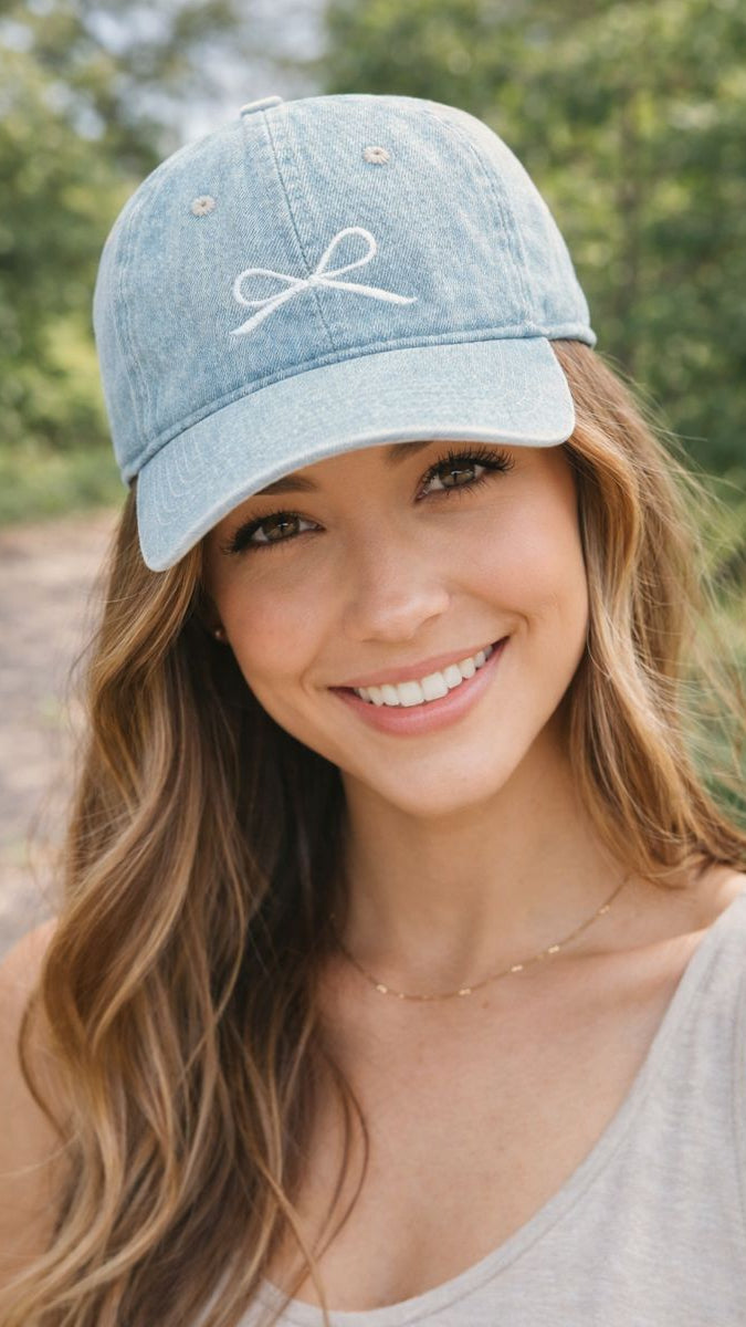Bow Baseball Hat: Light Denim