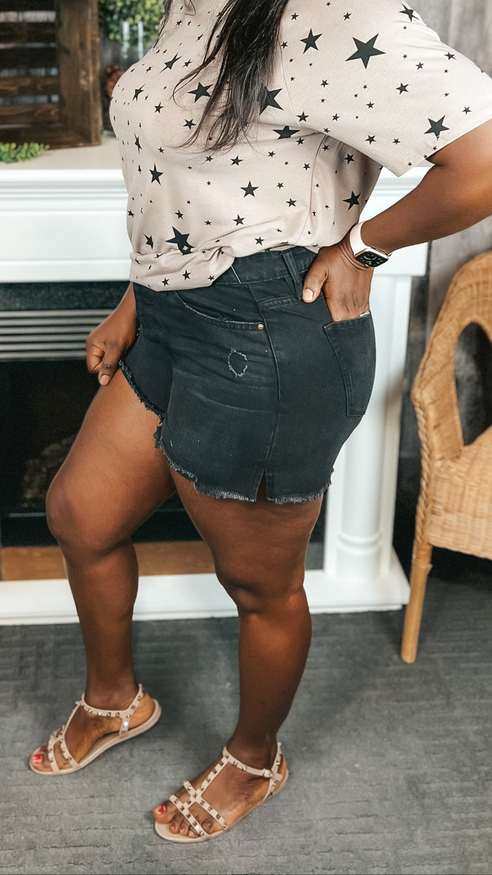 distressed black denim shorts