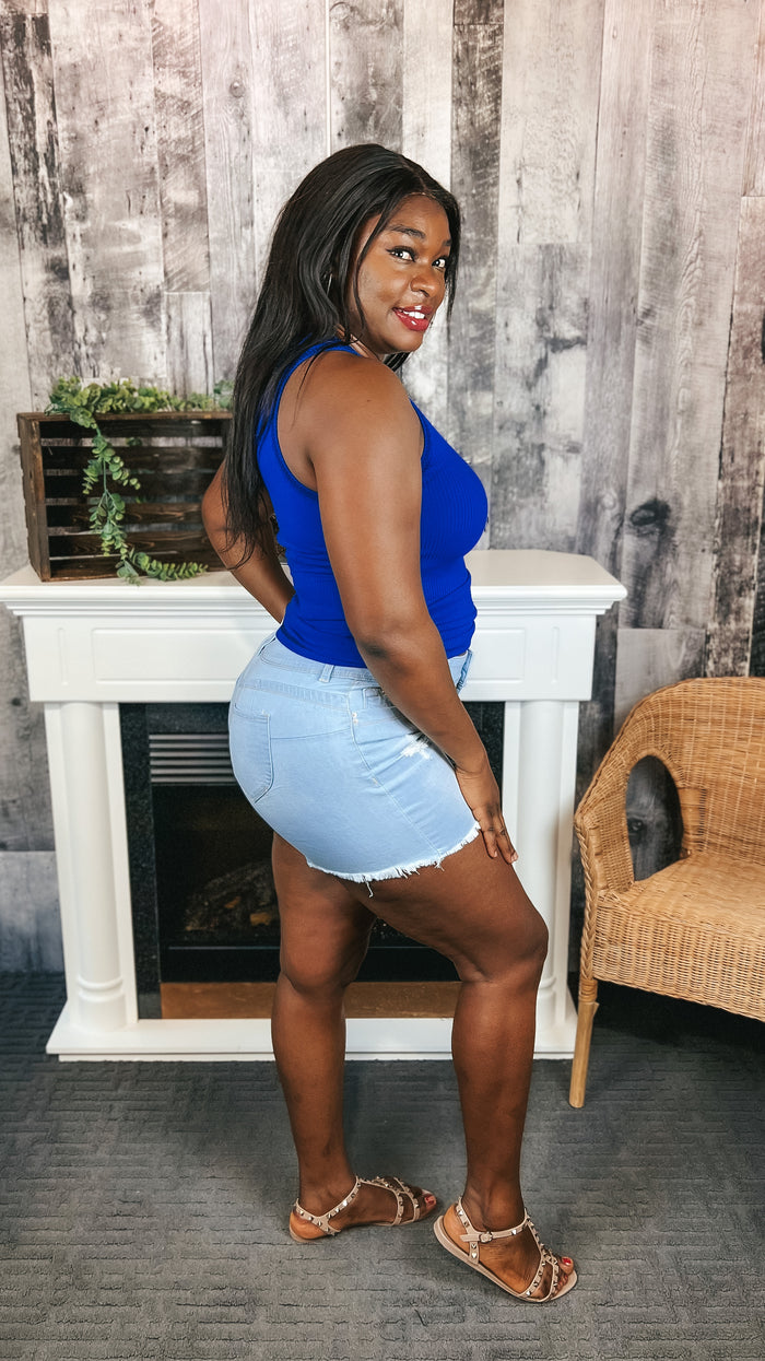 light wash stretch denim shorts