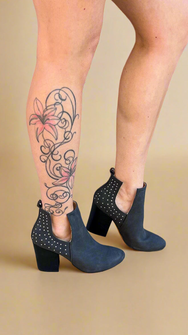 Grey studded ankle booties with chunky heel